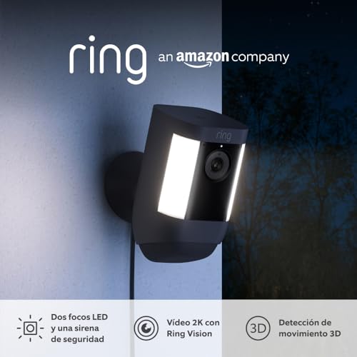 Ring cámara Pro con luces cableada (Spotlight Cam Pro Wired) | Cámara de seguridad exterior con vídeo 2K, Ring Vision, detección de movimiento 3D y luces LED | 30 días de prueba gratuita de Ring Home