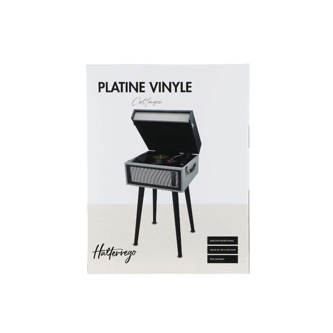 Platino de Vinilo Halterrego con 4 Patas de Madera extraíbles y HP integradas, RMS 2 x 5 W, RCA out, Aux in y Toma de Auriculares, BT in/out, lec y enrg USB, Gris
