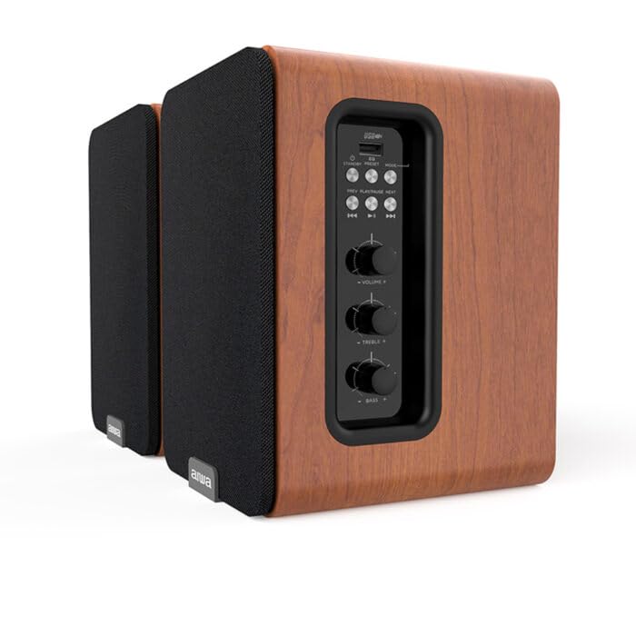 Aiwa Altavoces Activos ASP-A 200 (Potencia 2 X 25W RMS, HDMI-ARC, COAXIAL, RCA-Audio). Color Marrón