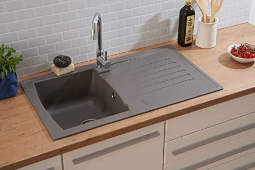 Respekta Boston Fregadero de Mineralite en gris hormigón/Fregadero empotrado de 1 cubeta de 86 x 50 cm/Apto para bases a partir de 45 cm de ancho