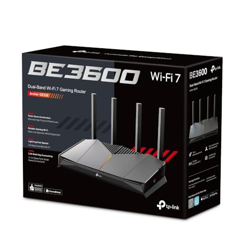 TP-Link Archer GE230 Wi-Fi 7 Gaming Router, WiFi de Doble Banda BE3600, 2 Puertos × 2,5 Gbps + 3 × Puertos Gigabit, MLO, HomeShield, USB 3.0, EasyMesh, Red privada para Gamers, iluminación RGB sin