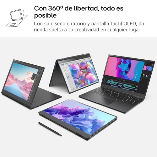 LG gram 16T90TP-K.AD88B Ordenador Portátil Convertible 16 Pulgadas Intel Core Ultra7 255H, 32 GB RAM, 1TB SSD, Panel OLED multitáctil, WQXGA+, 1.399 g, 19 Horas, Windows 11 Home, Teclado QWERTY