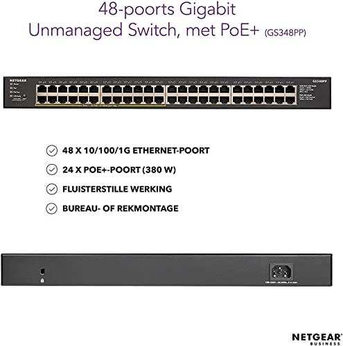 NETGEAR Switch PoE de 24 Puertos GS348PP | Switch Ethernet Gigabit de 48 Puertos con 24x PoE+ Consumo 380W |Montaje de sobremesa o en Bastidor | Carcasa de Metal Resistente