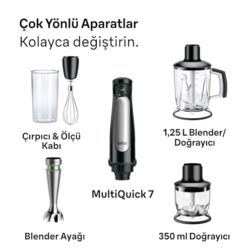 Braun Hogar Batidora de mano, 4 accesorios (minipicadora 350 ml, batIdora de vaso 1.25 L, varillas, vaso medidor 600 ml), velocidad automática, tecnología Active Blade, Negro, 7045, 4 Accesorios