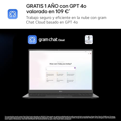 LG gram 14Z90T-G.AD88B Portátil 14 Pulgadas, FHD IPS, Intel Core Ultra7, 32GB RAM, 1TB SSD, Antirreflejo, 1.120 g, Batería hasta 30h, Windows 11, Negro