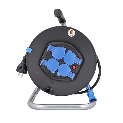 as - Schwabe enrollacables de 25 m H05VV-F 3G1,5-4 tomas con tapas de protección - 230 V / 16 A / 3.500 W - Protección contra sobrecalentamiento - IP20 - Carrete Made in Germany, 10118