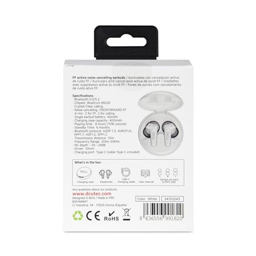 DCU TECNOLOGIC | Auriculares con Cancelación de Ruido Activa Feedforward | Auriculares Bluetooth 5.0/5.2 | Blanco