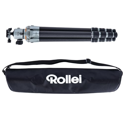 Rollei Trípode de Carbono Lion Rock Pro con Cabezal de trípode – Ultraligero, Alta Capacidad de Carga 20 kg, Altura Ajustable hasta 147,5 cm, tamaño Compacto del Paquete, Puntas Intercambiables para