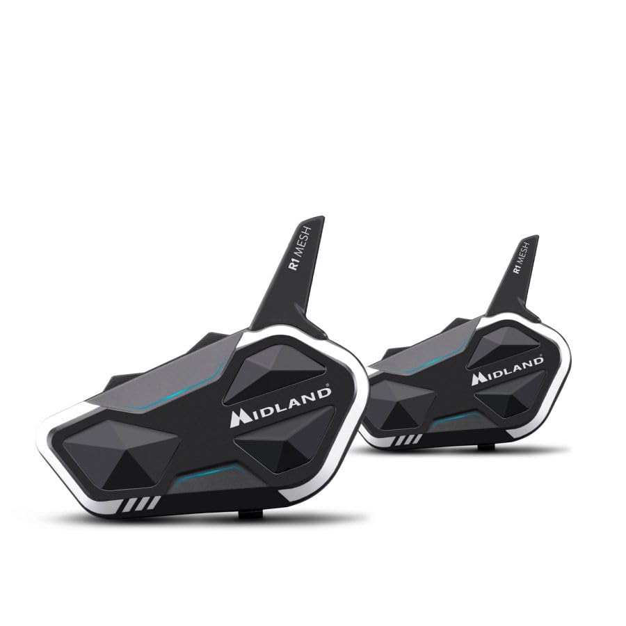 MIDLAND - R1 Mesh Intercomunicador Casco Moto, 2 Auriculares Inalámbricos Bluetooth + Mesh, Waterproof IPX6, Alcance 500m, 23H, Audio RCF, Stereo Background, Compatible con TFT y Radio FM, 6 Personas