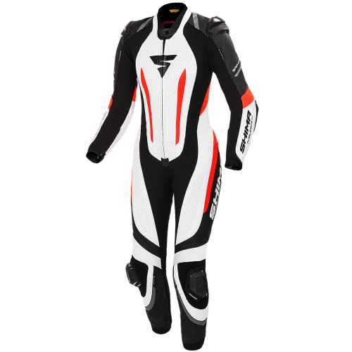 SHIMA MIURA RS Traje Moto Mujer - Traje de cuero de 1 pieza, deportivo, de competición, ventilado con deslizadores en hombros y rodillas, almohadillas CE en espalda, hombros y codos (40, Blanco/Fluo)