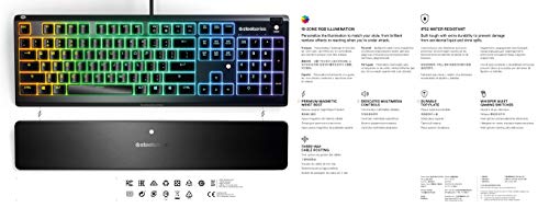 SteelSeries Apex 3 - Teclado RGB para gaming - Iluminación RGB de 10 zonas - Resistencia al agua IP32 - Reposamuñecas magnético superior - Teclado QWERTY Estadounidense