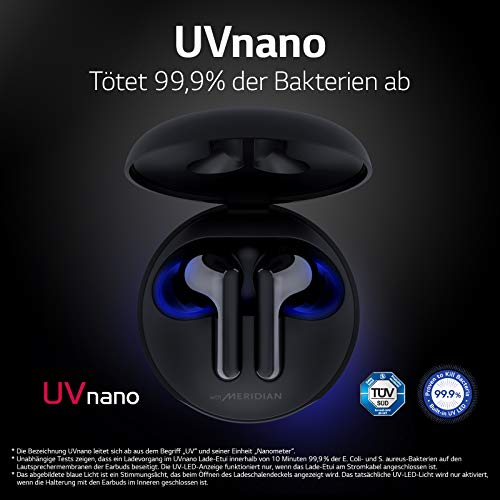 LG TONE Free FN5 Auriculares True Wireless con autolimpieza UVnano que elimina el 99,9% de las bacterias, tecnología Meridian Sound, doble micrófono para llamadas en la oficina y carga rápida en negro