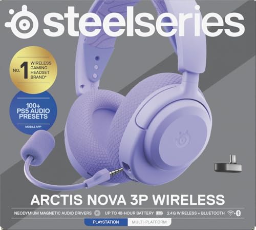 SteelSeries Arctis Nova 3P Wireless Auriculares Gaming multiplataforma - App - Batería 40h - Controladores magnéticos de neodimio - 2,4 GHz/Bluetooth - Micro extraíble - PS5, PS4, PC, Switch -Lavanda
