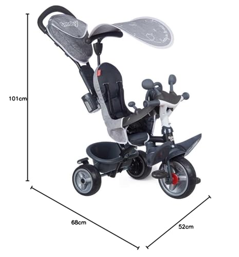 Smoby- Triciclo Baby Driver Confort Plus Gris, Evolutivo, Bastidor Metálico, con Barra de Empuje Parental, A Partir de 10 Meses