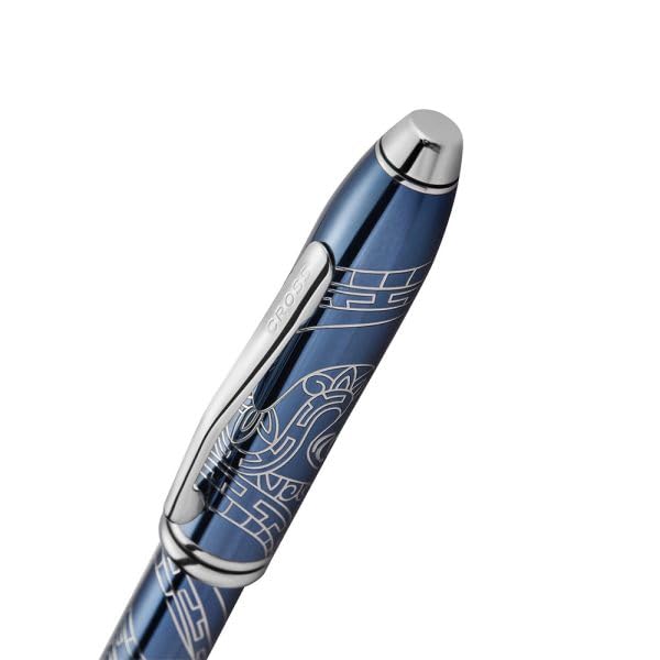 Cross Townsend - Bolígrafo roller con texto en alemán Año de la Serpiente (grosor de trazo M, tinta negra, indeleble, caja de regalo premium), color azul translúcido con grabado cromado