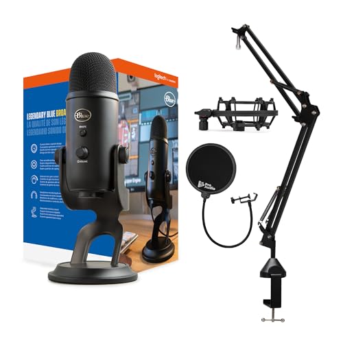 Blue Microphones Micrófono Yeti Azul (apagón) con Soporte de Brazo Knox, Filtro Pop y Paquete de Montaje de amortiguación, USB