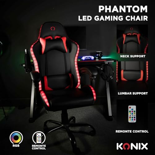 Konix Silla Gaming Phantom - Iluminación RGB - Inclinación del Asiento 135° - Cuero sintético Liso - Cojín Lumbar y Cervical - Negro