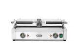 HENDI Parrilla Eléctrica de Contacto Doble, Grill/Plancha Panini y Sandwichera Profesional, Placas Acanaladas y Lisas de Hierro Fundido Esmaltado, 230V, 3600W, 570x375x(H)216mm, Acero Inoxidable