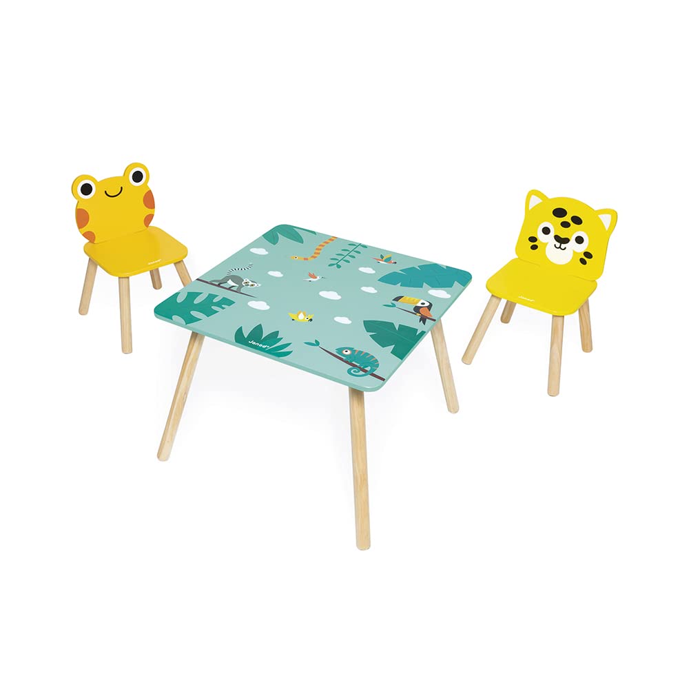 Janod - Mesa y 2 Sillas de Madera Tropik - Mobiliario para Niños - Mesa 55 x 55 cm, Silla Rana y Silla Jaguar - Pintura al Agua - A partir de 3 Años, J08273