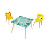 Janod - Mesa y 2 Sillas de Madera Tropik - Mobiliario para Niños - Mesa 55 x 55 cm, Silla Rana y Silla Jaguar - Pintura al Agua - A partir de 3 Años, J08273
