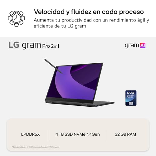 LG gram 16T90TP-K.AD88B Ordenador Portátil Convertible 16 Pulgadas Intel Core Ultra7 255H, 32 GB RAM, 1TB SSD, Panel OLED multitáctil, WQXGA+, 1.399 g, 19 Horas, Windows 11 Home, Teclado QWERTY