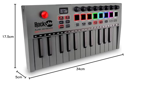 RockJam Go - Controlador de teclado MIDI USB y Bluetooth de 25 teclas con 8 almohadillas de batería retroiluminadas, 8 perillas