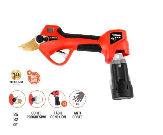 Tijera de Poda Inalámbricas - Modelo AB32 TITANIO - Corte Progresivo en Bypass para Trabajos de Precisión - Potencia de 500W y 2 Baterías 16,8V-2,5 Ah - Hoja de Titanio Forjado - Con Caja - Altuna