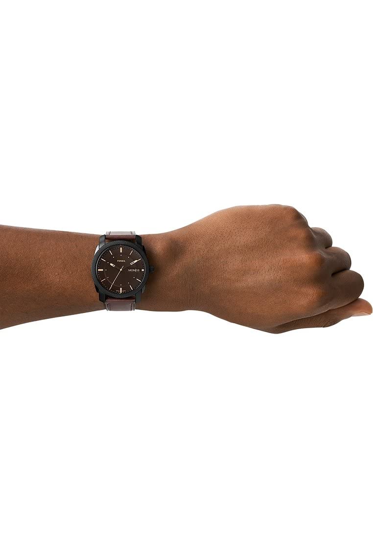 Fossil Reloj para hombre Machine, movimiento de cuarzo, caja de 42 mm de acero inoxidable negro con correa de piel Pro-Planet, FS5901