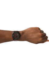Fossil Reloj para hombre Machine, movimiento de cuarzo, caja de 42 mm de acero inoxidable negro con correa de piel Pro-Planet, FS5901