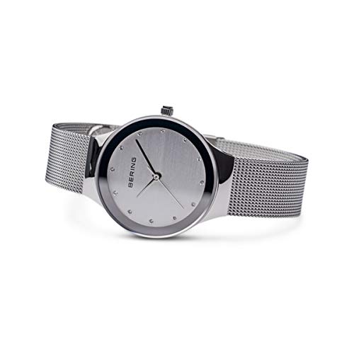 BERING 12934-000 Reloj de cuarzo para mujer con caja de acero inoxidable plateado de 34 mm y esfera plateada, correa milanesa, cristal de zafiro y resistencia al agua de 3 ATM