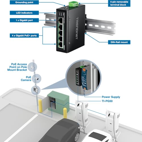 TRENDnet, TI-PG50, Conmutador Gigabit Industrial no administrado Reforzado de 5 Puertos, 10/100/1000 Mbps, conmutador DIN-Rail, 4 Puertos Gigabit PoE+, 1 Puerto Gigabit