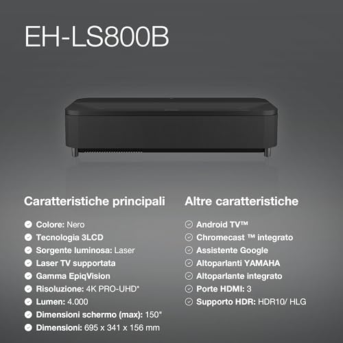 Epson EH-LS800B 4K Pro-UHD 4.000 lúmenes Android TV Proyector láser de Corto Alcance Negro