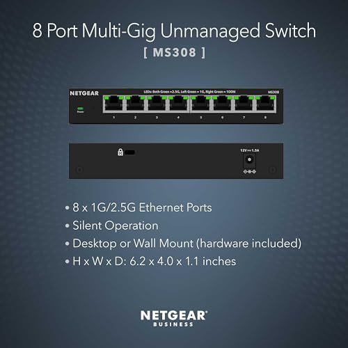Netgear Switch de Red Multi-Gigabit Ethernet de 8 Puertos, MS308, de 1G/2.5G, Montaje en Pared o sobremesa y protección de 3 años