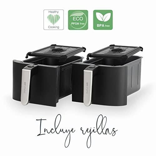 Lacor - 69508 - Freidora Sin Aceite DuploAir, Air Fryer con Pantalla Táctil, Doble Cestillo, Incluye Recetario, 11 programas, Función Deshidratado, Antiadherente ECO, Gran Capacidad 9L, 2400 W