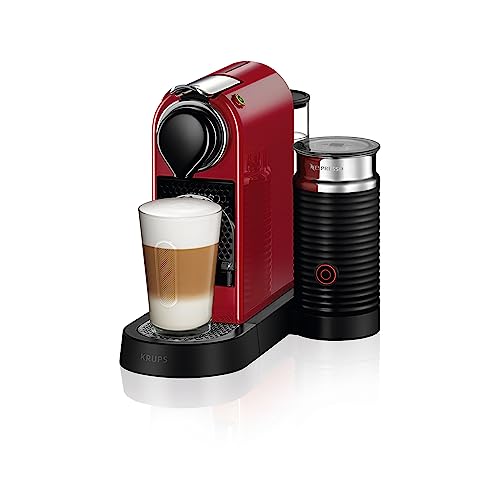 Krups Nespresso Citiz & Milk XN7615 - Cafetera de cápsulas monodosis, con 19 bares de presión, thermoblock, capacidad 1L, función automática, con Aeroccino, color Rojo, incluye pack de bienvenida