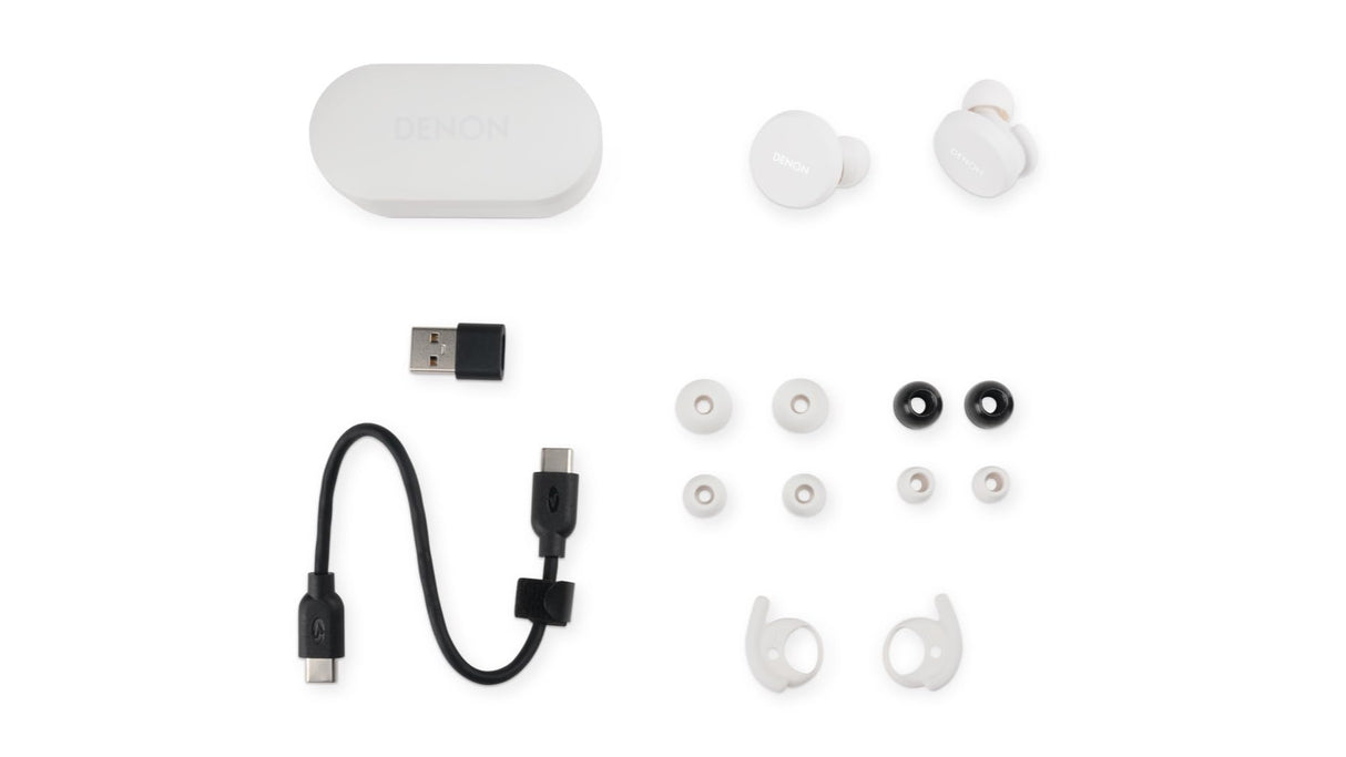 DENON PerL True Wireless Earbuds, Perfil de Sonido Personalizado, Auriculares con cancelación de Ruido, Auriculares Resistentes al Agua, con micrófonos Integrados y batería de Larga duración - Blanco