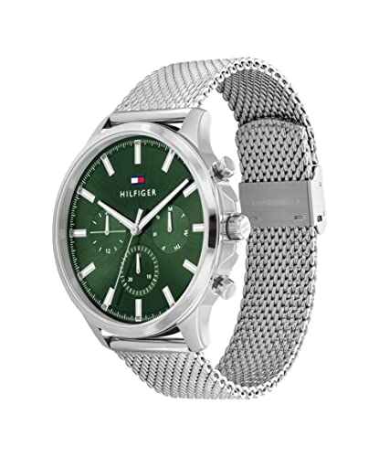 Tommy Hilfiger Reloj Analógico de Cuarzo Multifunción para Hombre con Correa de Malla de Acero Inoxidable Plateada - 1710499