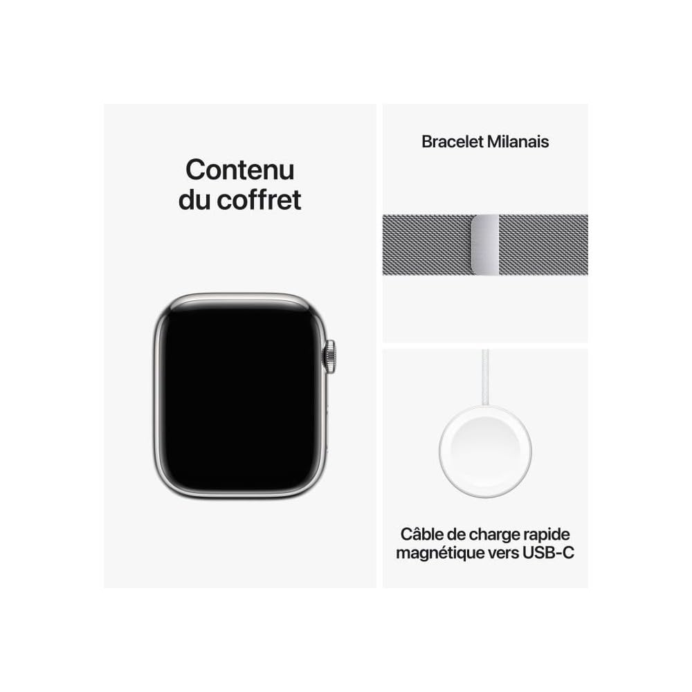Apple Watch Series 9 GPS + Cellular - 45mm - Boîtier Acier Argent - Bracelet Silver Milanese Loop