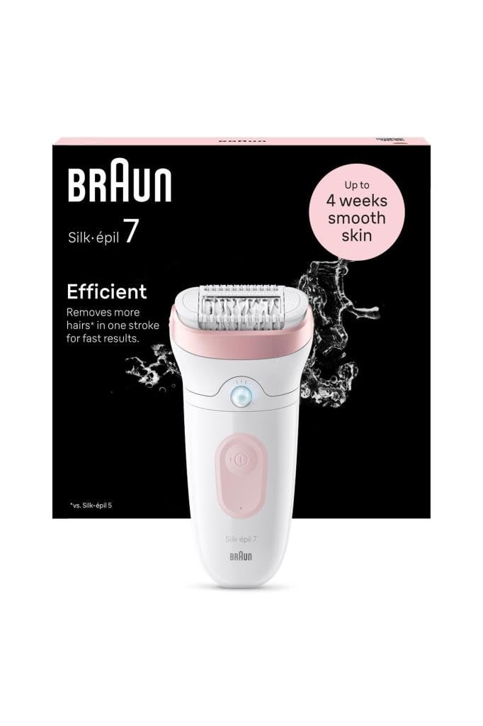 Braun Silk-épil 7 Depiladora Mujer, Depiladora Eléctrica Mujer Con Cabezal Amplio Para Una Depilación Simple, Wet & Dry, Piel Lisa Larga Dura, 7-000, Blanco/Rosa