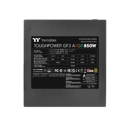 Thermaltake Toughpower GF 3 ARGB 850W | PC ATX 3.0 Power Supply | PCIe Gen 5.0 | 80-Plus-Gold | Fully Modular | Quiet 140 Fan | EU Certified | Black