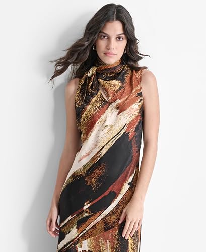 DKNY Sleeveless Printed Tie Neck Dress Vestido, Paint Stroke, XL Mujeres