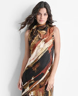 DKNY Sleeveless Printed Tie Neck Dress Vestido, Paint Stroke, XL Mujeres