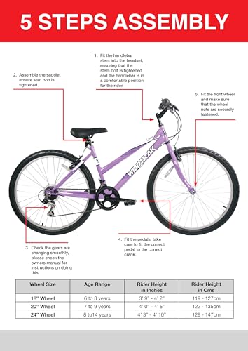 Wildtrak - Bicicleta 18 pulgadas para niños 6-8 años con frenos ajustables - Morada