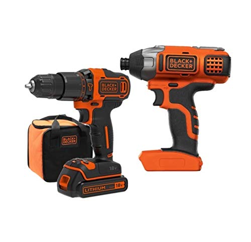 BLACK+DECKER BCK21S1S, Kit de Taladro Atornillador de Impacto Inalámbrico, 1 Batería, Incluye Bolsa de Almacenamiento 18 V