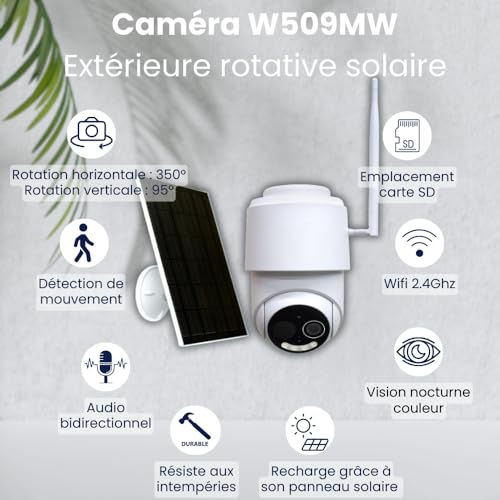 Daewoo Security - Cámara Independiente Solar WiFi giratoria Full HD W509MW con Panel Solar, detección de Movimiento, visión Nocturna a Todo Color, Totalmente inalámbrica