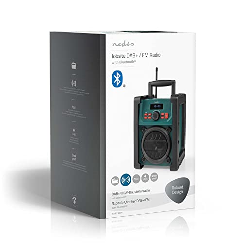 Nedis Dab + Radio | Mesa de ejecución | Dab+ / FM | 2.2" | Monitor Blanco | Funciona con Pilas/Fuente de alimentación de Red | Digital | 15 W | Bluetooth | Despertador | IP65 | Asa de Transporte |
