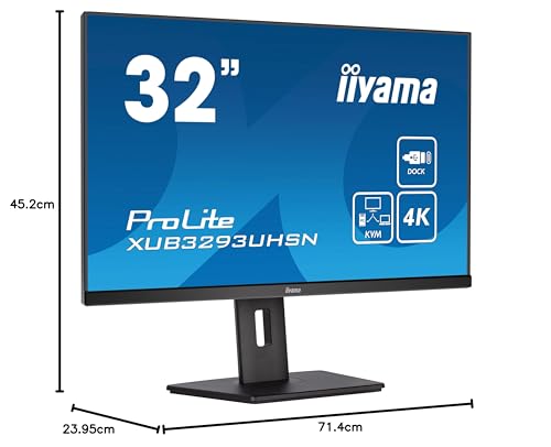 iiyama XUB3293UHSN-B5 32" Panel IPS, 3840x2160 UHD, 15cm Regulable en Altura, Pivotante, 350cd/m², 1000:1, 4ms, Altavoces, USB-C Dock (LAN, 65W PD), DisplayPort, HDMI, KVM, USB 3.0x2