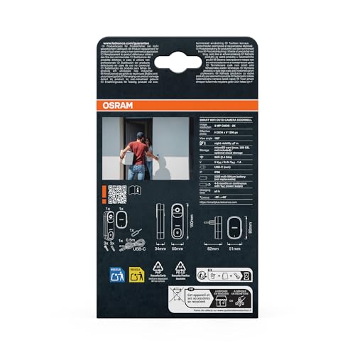OSRAM Timbre con vídeo SMART+ WiFi 3MP 2K Batería IP66 Blanco Timbre con video SMART+ WiFi de 3 MP y 2K, sensor PIR, batería de 5200 mAh, timbre, ángulo de 160°, compatible con Alexa, blanco