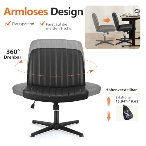 Sweetcrispy Silla de Oficina sin reposabrazos, Silla de Escritorio con Piel sintética, Silla de Lectura con cojín más Ancho para Sentarse en el Asiento de Sastre, Altura Regulable, Silla giratoria de