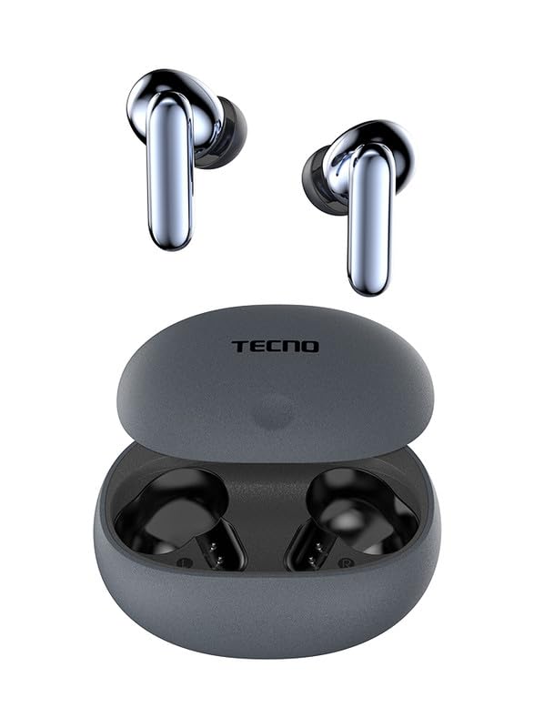 Tecno True 1 TWS Auriculares in-Ear con reducción de Ruido con Graves Profundos, 45 Horas de reproducción, IPX5 Resistente y Compartimento para batería portátil, Gris